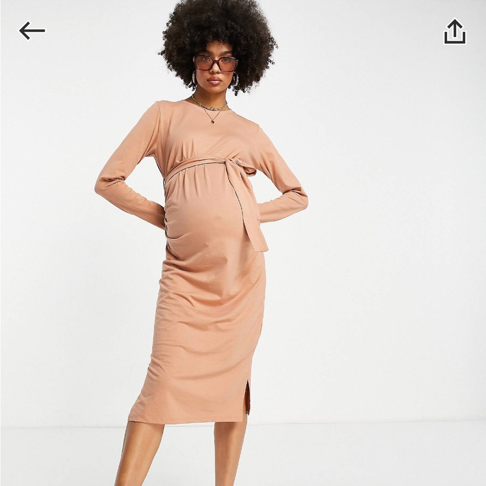 ASOS Threadbare Maternity Midi Pencil Dress Long Sleeves w/ Belt Taupe